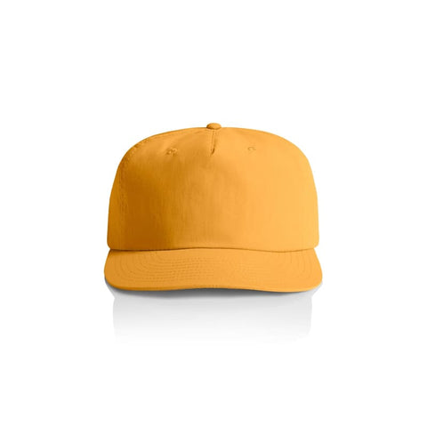 A yellow cap with a rounded crown and a curved peak, featuring a logo on the front.
