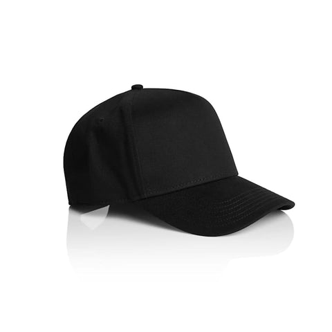 A black cap featuring a structured design and a curved brim, with an area for branding.