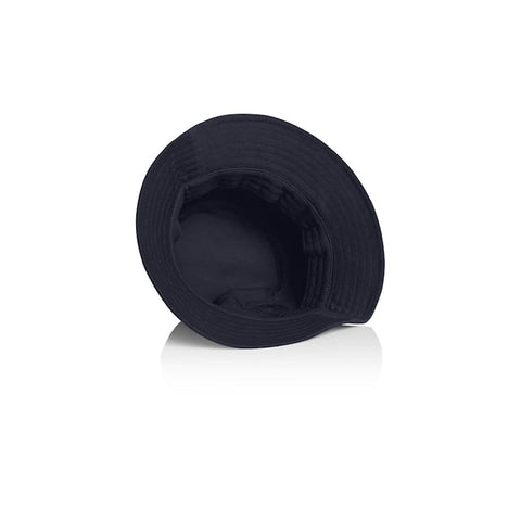 A navy blue kids bucket hat with a wide brim and a circular interior. It features a logo on the inside.