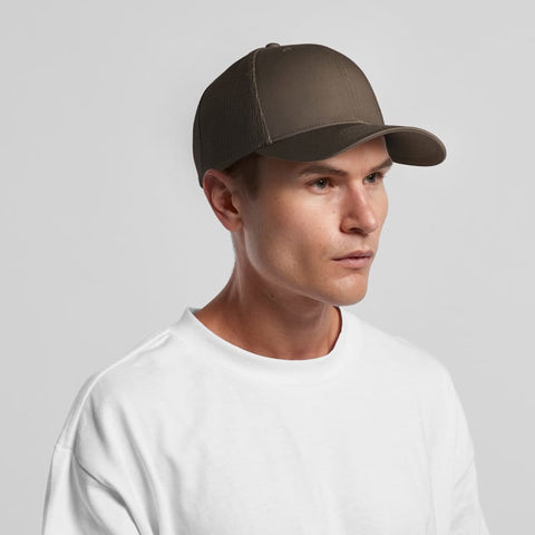 A brown mesh trucker cap with a curved peak, featuring a logo, worn by a man in a white shirt.