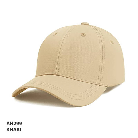 A khaki cap made from ripstop material, featuring a structured design and a logo on the front.