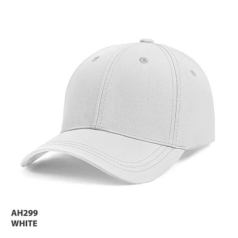 A white cap made from ripstop material, featuring a structured design and a logo on the front.