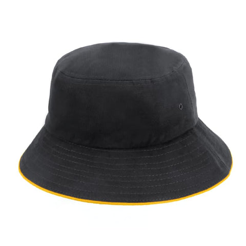 A black bucket hat with a yellow highlight along the brim and a small logo detail.
