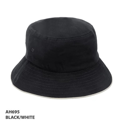 A black bucket hat with a white band at the base, featuring a logo on the side.