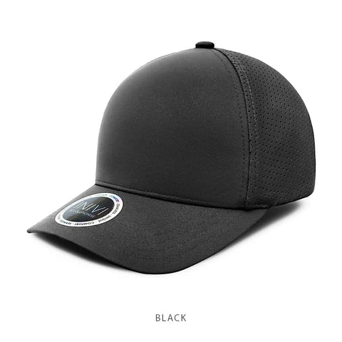 A black premium nylon cap with a structured design and perforated panels, featuring a logo on the side.