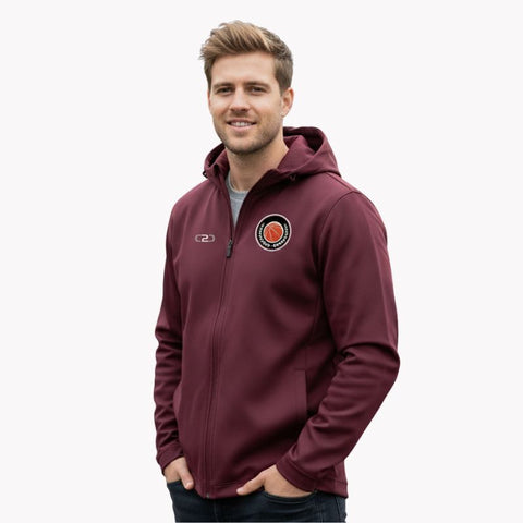 Man in a maroon C2C Glide SlimFit HP Tech zip hoodie featuring a circular basketball logo and hands in pockets on a white background
